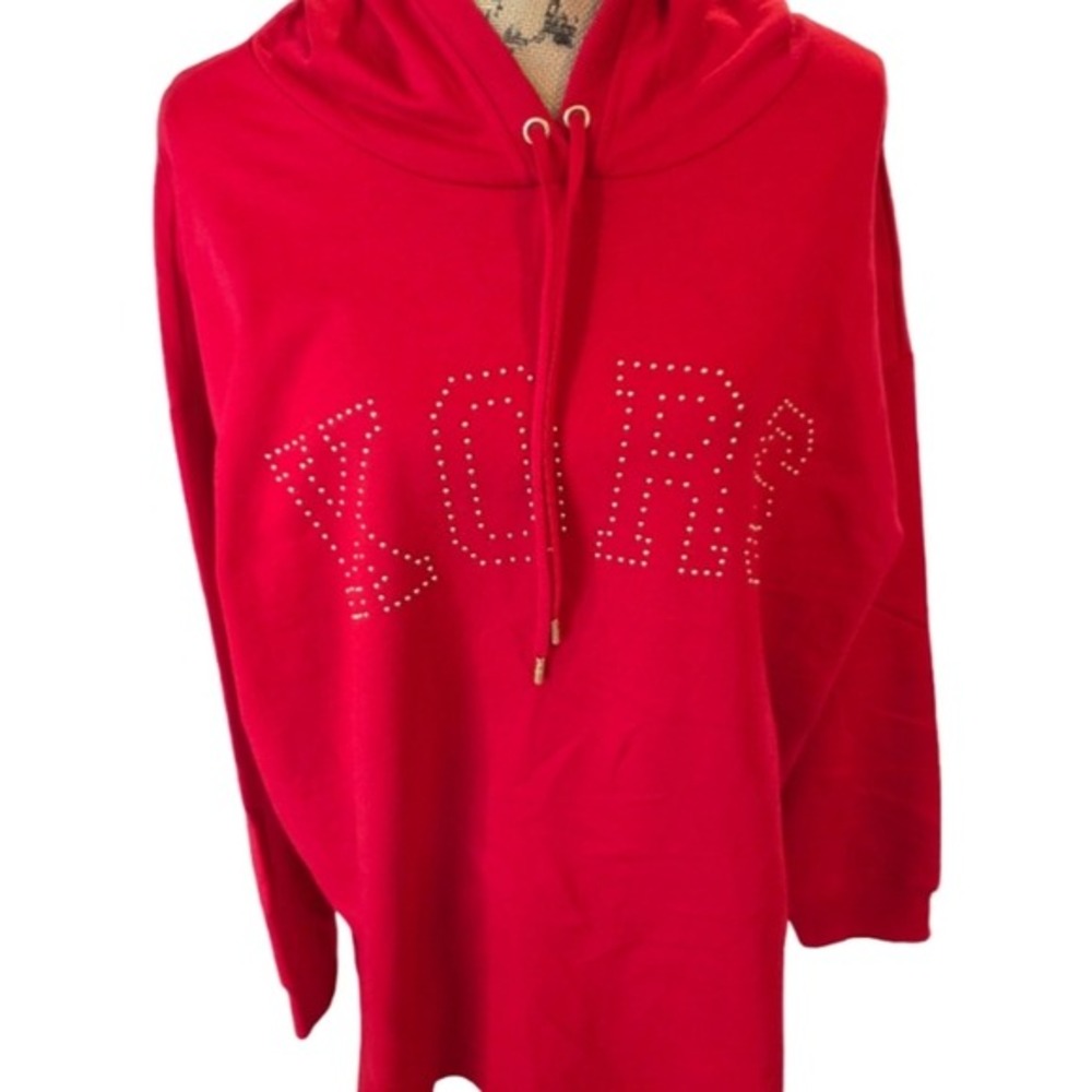 Michael Kors Women Crimson Red Rhinestone Logo Hoodie Sweatshirt Size 1X New - Picture 2 of 8